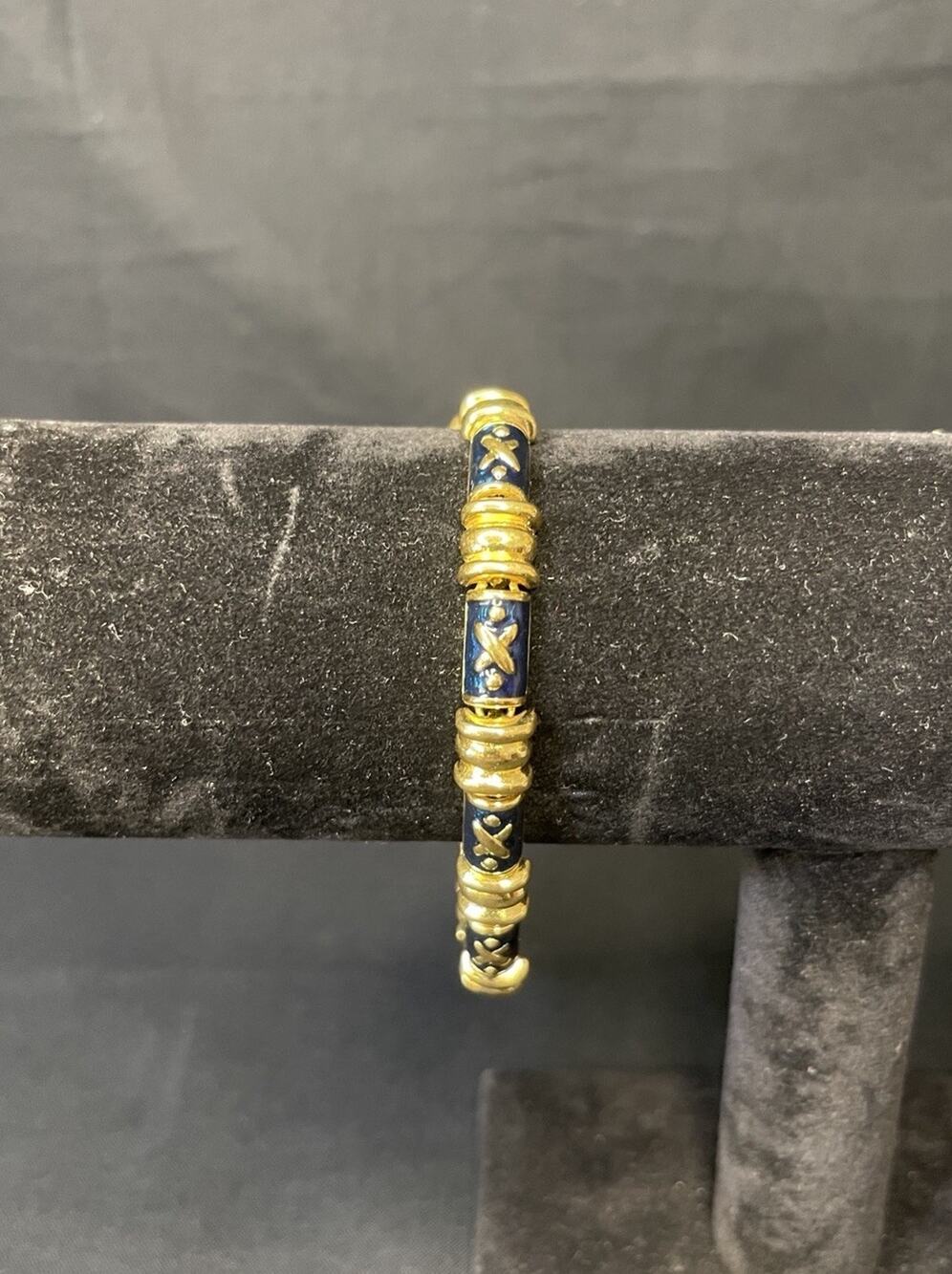 Joan Rivers Signed Vintage Gold Tone Blue Enamel Panel Link 7” Bracelet